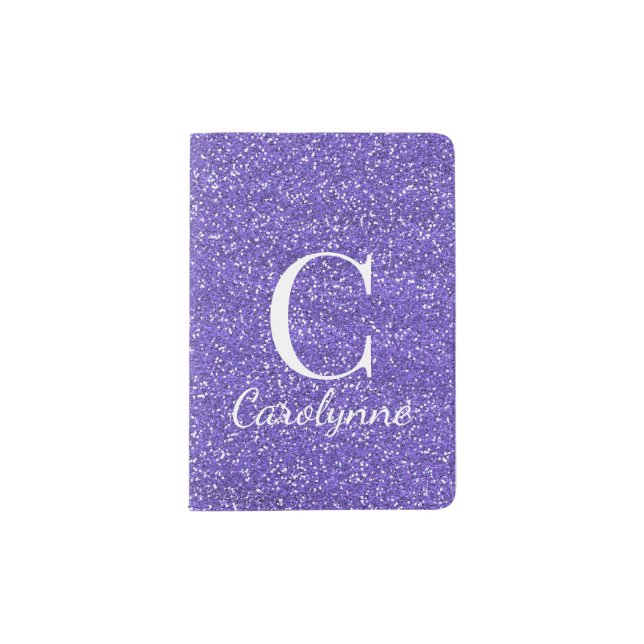 Girly Personalized Purple Faux Glitter Passport Holder (Front)