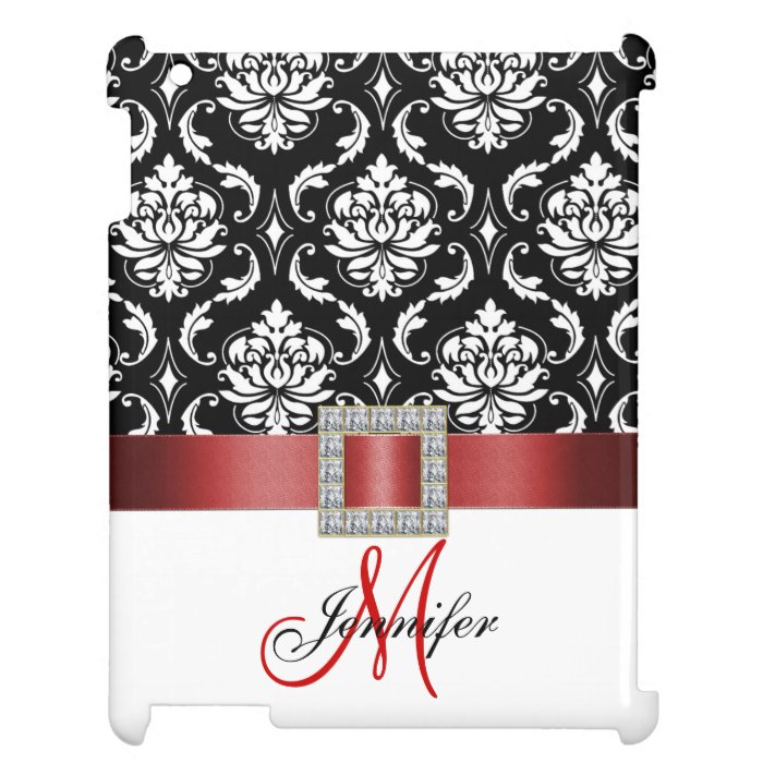 Girly, Personalized, Red Black Damask Pattern iPad Cases