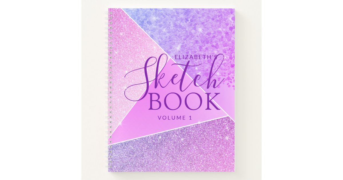 Elegant Pink Purple Glitter Sketchbook Name Script Notebook
