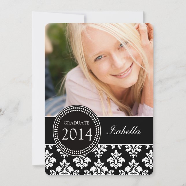 GIRLY PHOTO GRAD INVITE | BLACK WHITE DAMASK (Front)