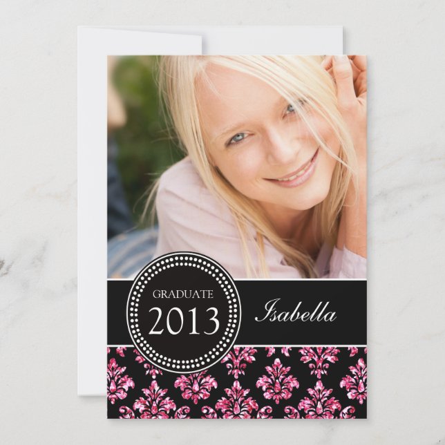 GIRLY PHOTO GRAD INVITE | PINK GLITTER DAMASK (Front)