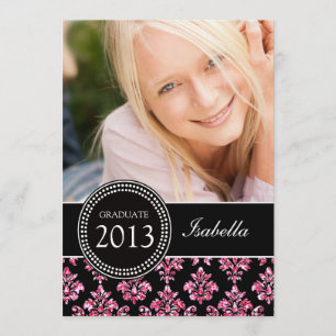 GIRLY PHOTO GRAD INVITE PINK GLITTER DAMASK