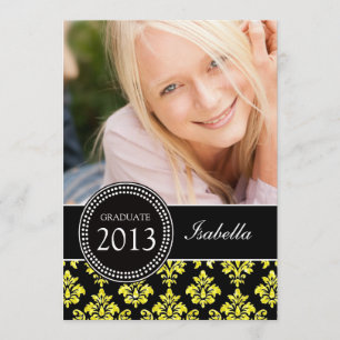 GIRLY PHOTO GRAD INVITE YELLOW GLITTER DAMASK
