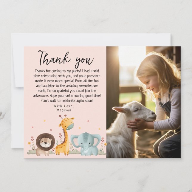 Girly Photo Party Wild Animals Birthday  Thank You Card (Front)
