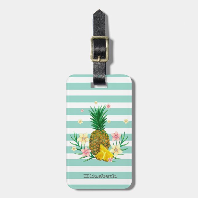 Girly Pineapple Flowers Mint  White Stripes  Luggage Tag (Front Vertical)