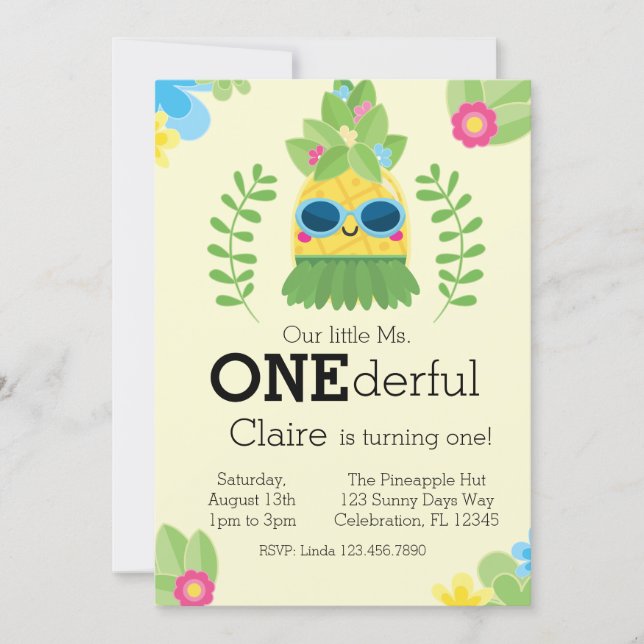 Girly Pineapple Ms. Onederful First  Invitation (Front)