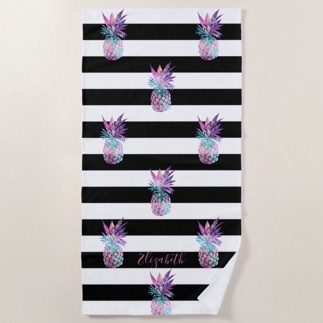 Girly Pineapples,Black White Stripes -Personalized Beach Towel (Front)