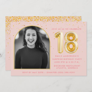 Girly Pink 18th Birthday Gold Balloon Confetti Invitation