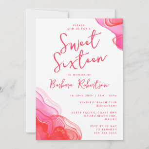 Girly Pink Abstract Watercolor Sweet Sixteen Invitation