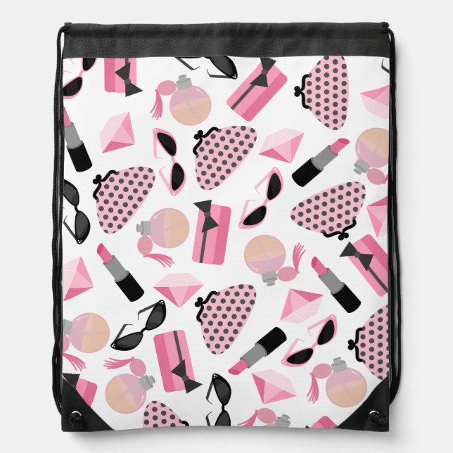 Girly Pink Accessories Pattern Drawstring Backpack (Front)