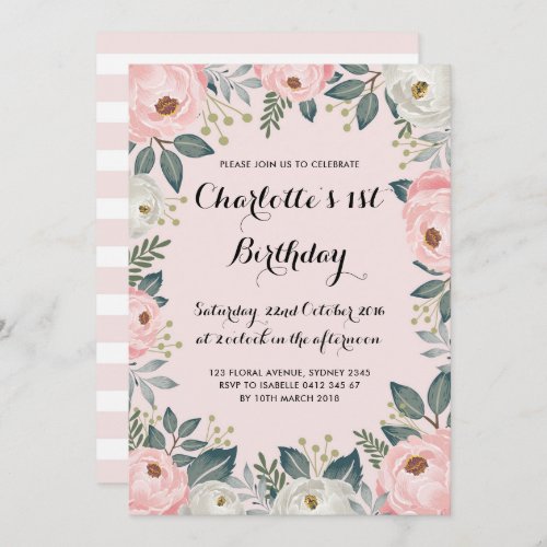Girly Pink  Alabaster Floral Peony Birthday Party Invitation