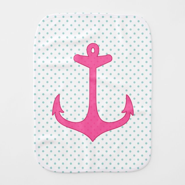 Girly Pink Anchor Polka Dot Nautical Design Baby Burp Cloth (Front)