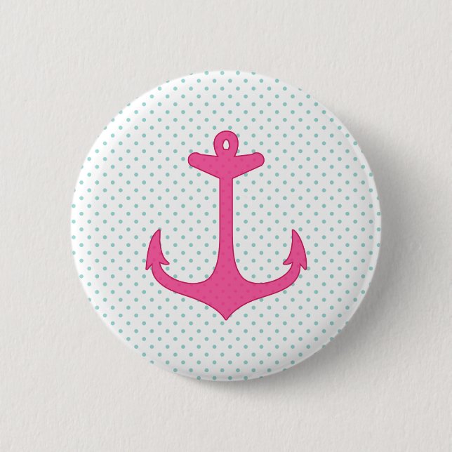 Girly Pink Anchor Polka Dot Nautical Design Button (Front)