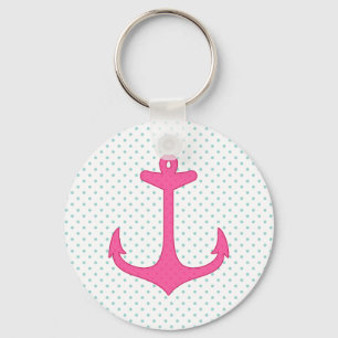 Girly Pink Anchor Polka Dot Nautical Design Keychain