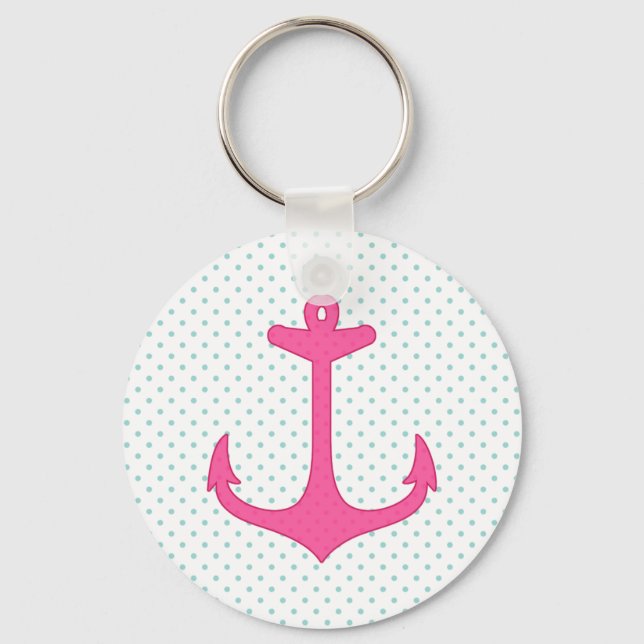 Girly Pink Anchor Polka Dot Nautical Design Keychain (Front)