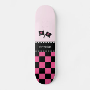 Girly Pink and Black Checker Racing Flags and Name Skateboard