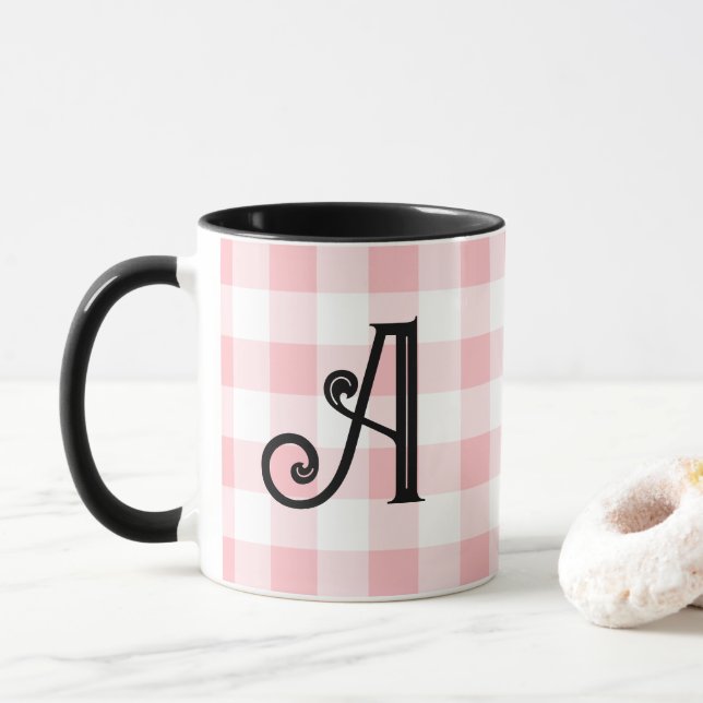 Girly Pink and Black Custom Monogram Mug (With Donut)
