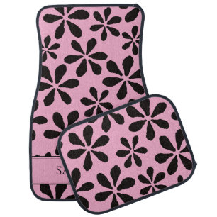 Girly Pink and Black Floral Pattern Custom Name Car Floor Mat