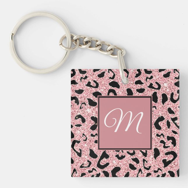 Girly Pink and Black Leopard White Script Initial Keychain (Front)