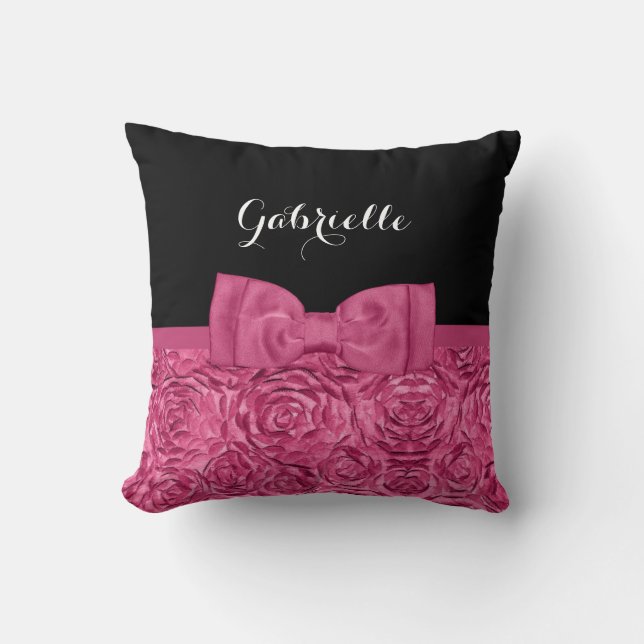 Girly Pink and Black Rose Floral Cute Bow Throw Pillow (Front)