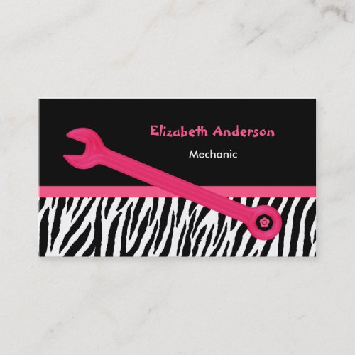 Girly Pink and Black Zebra Automotive Mechanic Business Card