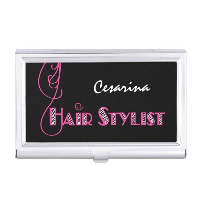 Girly Pink and Black Zebra Print Hair Stylist Business Card Holder (Front)