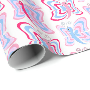 Girly Pink and Blue Butterfly Pattern Wrapping Paper