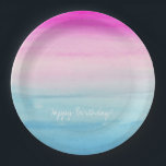 Girly Pink and Blue Watercolor Ombre | Birthday Paper Plates<br><div class="desc">Watercolor ombre of bright pink and blue colors. Change the text if you'd like. The default text says "Happy Birthday." Perfect birthday product for girl's birthday party.</div>