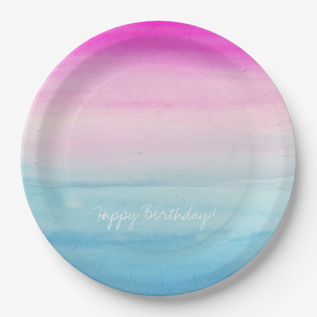 Girly Pink and Blue Watercolor Ombre | Birthday Paper Plates (Front)