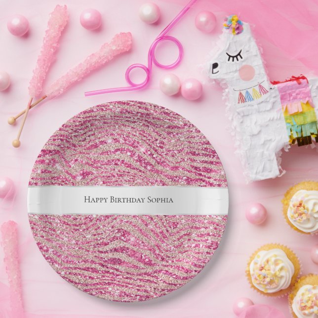 Girly Pink and Blush Glitter Zebra Birthday Paper Plates (Party)