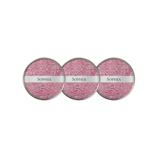 Girly Pink and Blush Glitter Zebra Name Golf Ball Marker (3 Up)