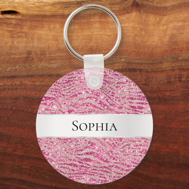 Girly Pink and Blush Glitter Zebra Name Keychain (Front)