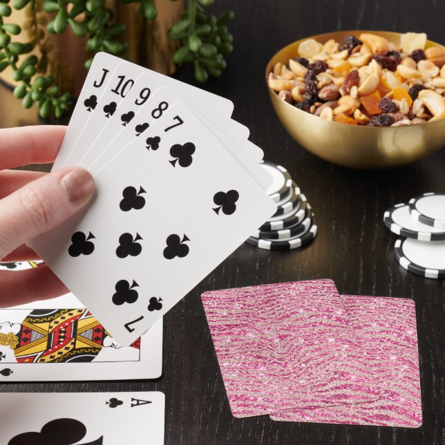 Girly Pink and Blush Glitter Zebra Poker Cards (In Situ)