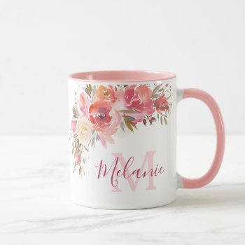 Girly Pink And Coral Roses Name Monogram Mug by storechichi at Zazzle