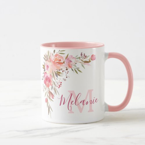 Girly Pink and Coral Roses Name Monogram Mug