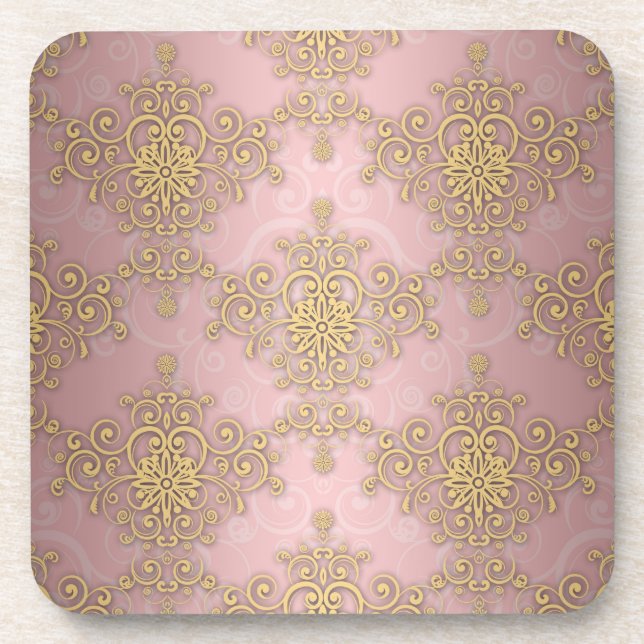 Girly Pink And Gold Damask Pattern Drink Coaster (Front)