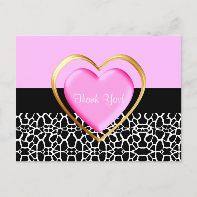 Girly Pink And Gold Heart Thank You Postcard (Front)