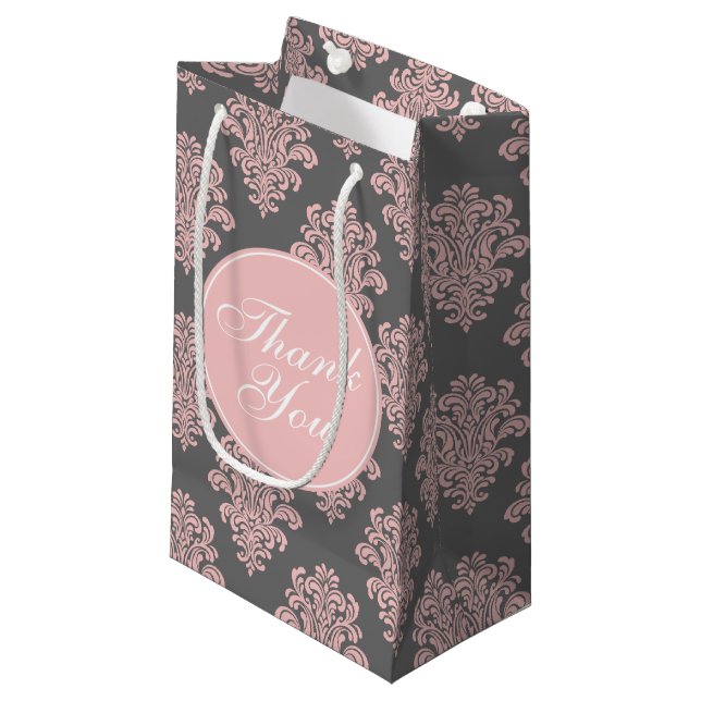 Girly Pink and Gray Damask Thank You Small Gift Bag (Front Angled)