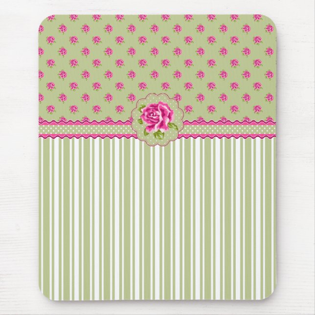Girly Pink and Green Floral Mousepad (Front)
