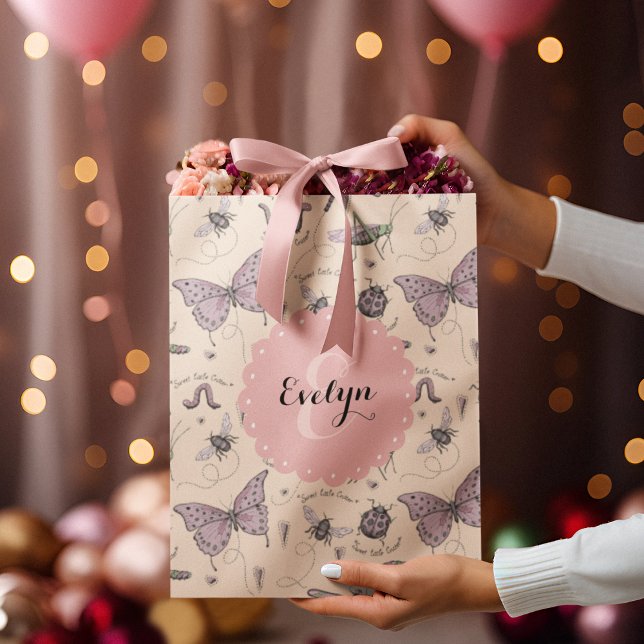 Girly Pink and Green Insect Pattern Medium Gift Bag (Custom Name & Monogram hand-drawn girly insects. Ideal for Baby Showers, Birthdays, New Baby, Favors)