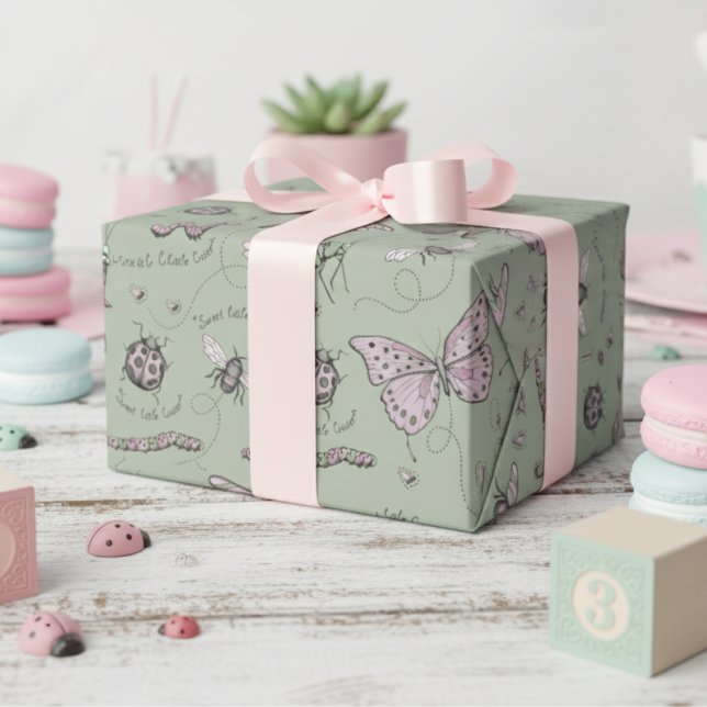 Girly Pink and Green Insect Pattern  Wrapping Paper (Cute Pink & Sage Girly Insect Wrapping Paper for Baby Shower, Bug Birthday Party & 1st Bday for Kids)