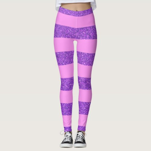 Girly Pink And Purple Glitter Stripes Womens  Leggings