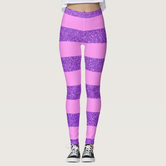 Girly Pink And Purple Glitter Stripes Women's  Leggings (Front)