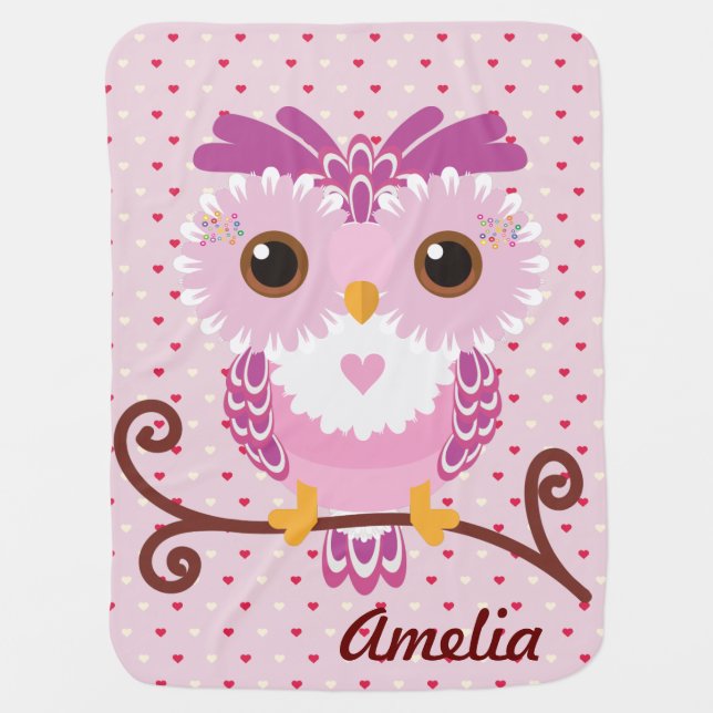 Girly Pink and Purple Owl and Hearts Background Baby Blanket (Front)