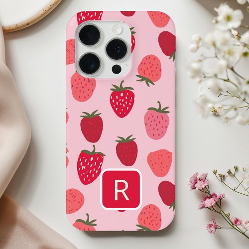 Girly Pink and Red Strawberry Seamless Pattern  iPhone 15 Pro Case