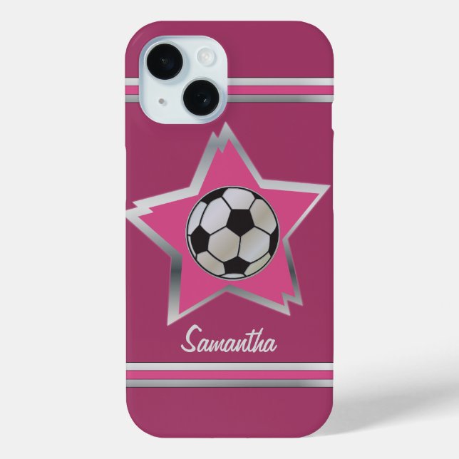 Girly Pink and Silver Effect Soccer Star Case-Mate iPhone Case (Back)