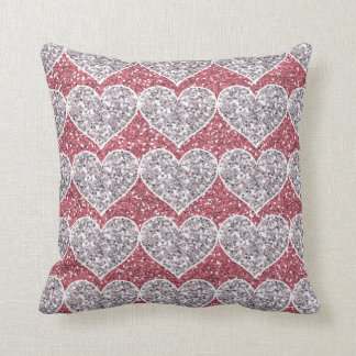 Girly Pink and Silver Glitter Hearts Throw Pillow