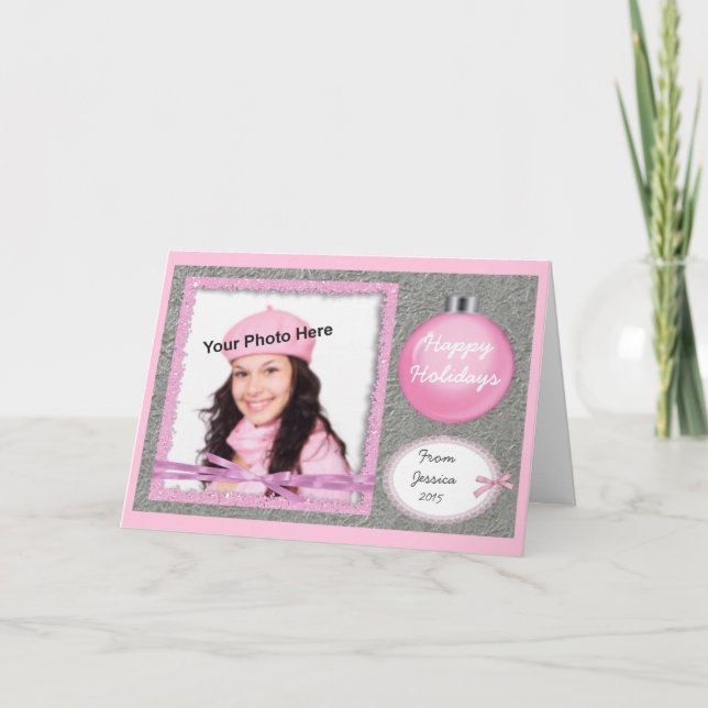 Girly Pink and Silver Holiday Photo Card (Front)