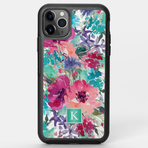 Girly Pink and Turquoise Floral with Monogram OtterBox Symmetry iPhone 11 Pro Max Case