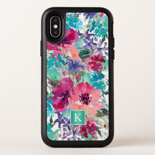 Girly Pink and Turquoise Watercolor Floral OtterBox Symmetry iPhone X Case